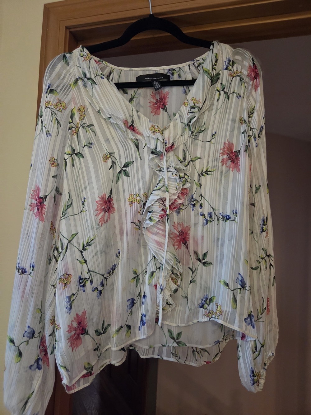 White House Black Market White Sheer Floral Ruffle Tie Blouse